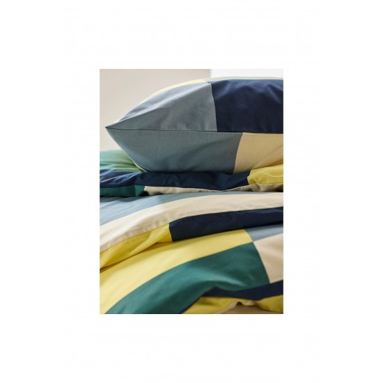 Geometrik Desen Çift Kişilik Nevresim Seti,   Sarı-Lacivert-Gri Renk 240x220 Pamuk-Visk