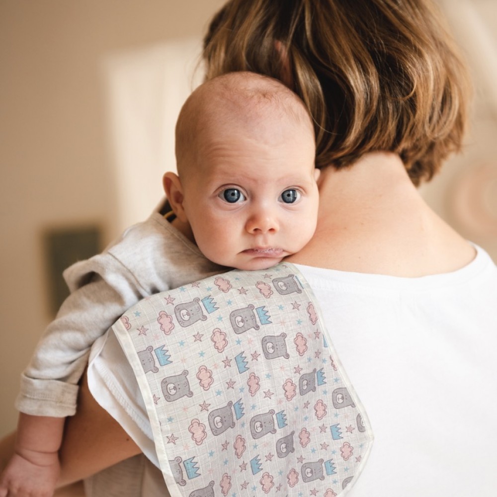 Bebek,Anne,Baba Omuz Bezi ve Mama Önlüğü, İkili Set, OEKO-TEX sertifikalı, Burpy Bip Organic Cloth KRAL AYI Desenli Feeding Cloth%100 Pamuk Multi-Use Burp Cloth and Bib 67x28 cm